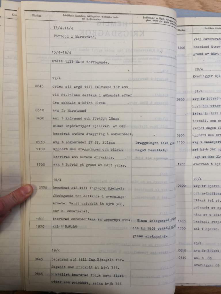 Anteckningar i hemlig krigsdagbok från fartyg som skrevs i samband med sökandet efter Ulven.