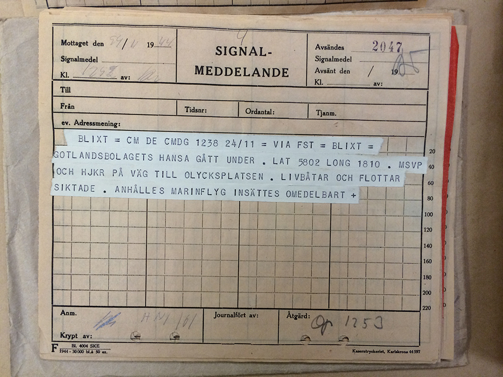 Tidigare hemligstämplat blixttelegram om att Hansa gått under. Meddelandet skrevs från chefen för Gotlands marindistrikt till chefen för marinen, via försvarsstaben och är utfärdat den 24 november 1944 klockan 12.38. Telegrammet finns i dag i Krigsarkivet.