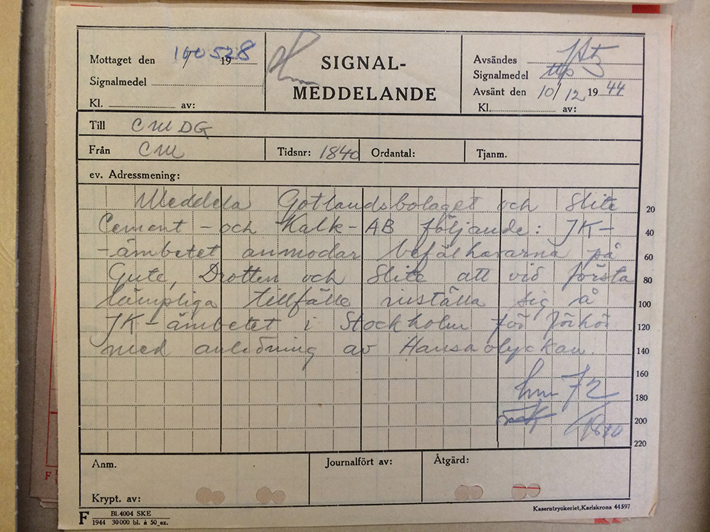 Tidigare hemligstämplat signalmeddelande som skrevs 10 december 1944 i samband med sökandet efter Hansa. Meddelandet finns i dag i Krigsarkivet.