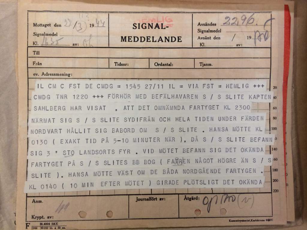 Tidigare hemligstämplat signalmeddelande som skrevs 27 november 1944 om de förhör som hölls i samband med sökandet efter Hansa. Meddelandet finns i dag i Krigsarkivet.