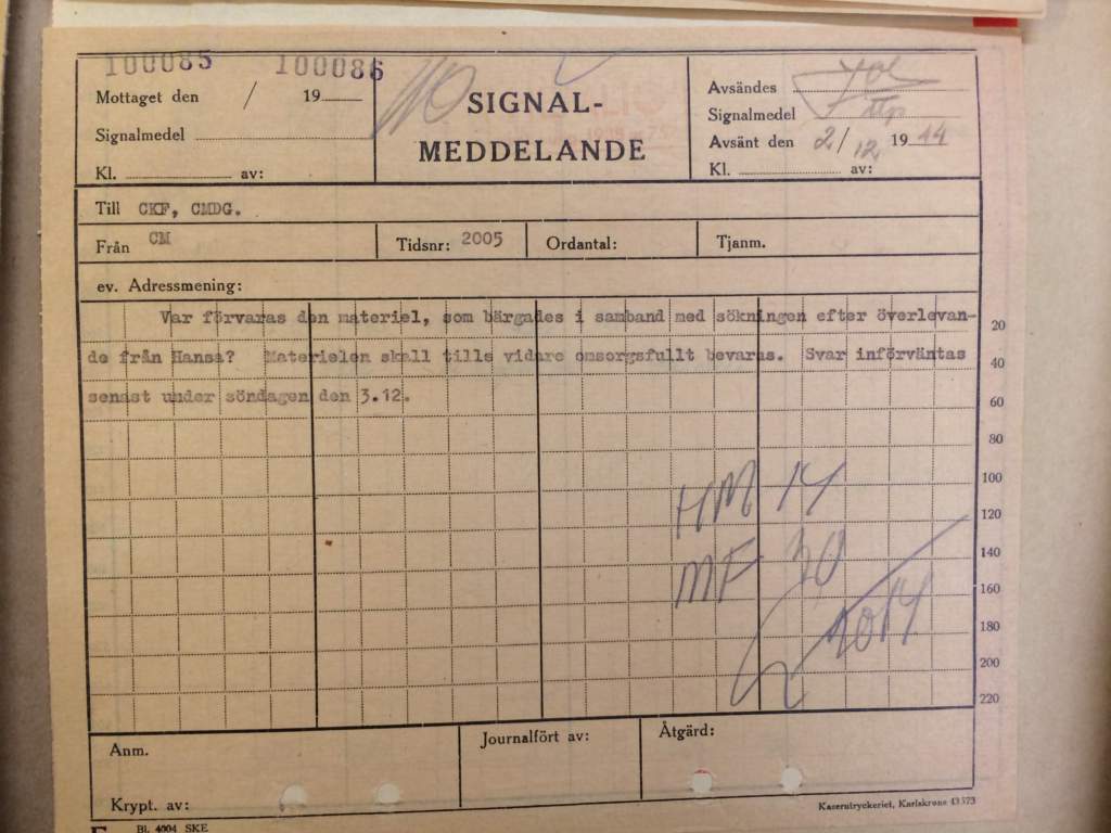 Tidigare hemligstämplat signalmeddelande som skrevs 2 december 1944 i samband med sökandet efter Hansa. Meddelandet finns i dag i Krigsarkivet.
