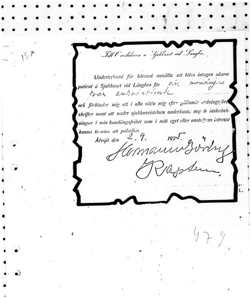 Dokument från 2 september 1925 i vilket Hermann Göring anhåller om att bli antagen som patient på sjukhuset vid Långbro.