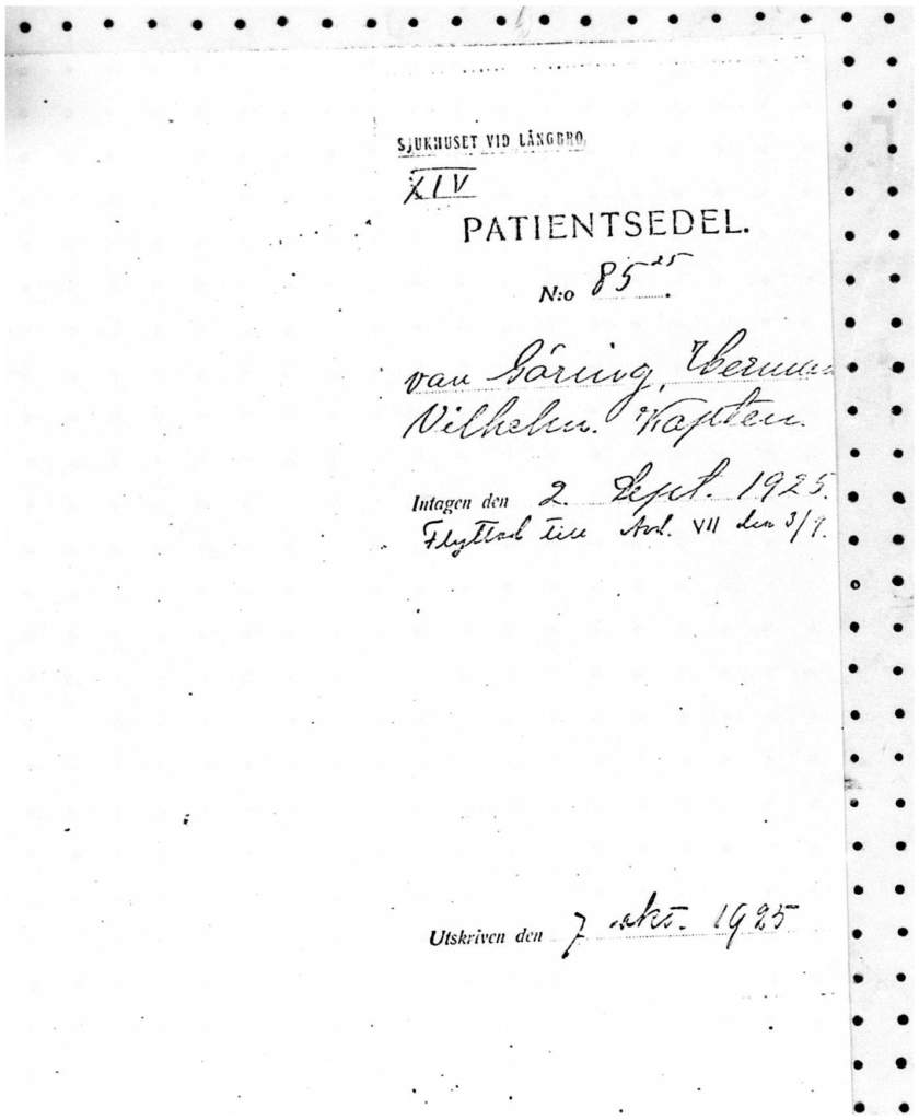 Patientsedel från sjukhuset vid Långbro från 7 oktober 1925 där det står att Herman Göring blev intagen 2 september samma år.