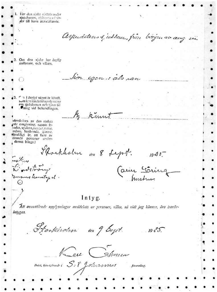 Slutet på bilagan till Hermann Görings sjukhusjournal från 1925 där Carin Göring skrivit under på att upplysningarna om hennes man stämmer.