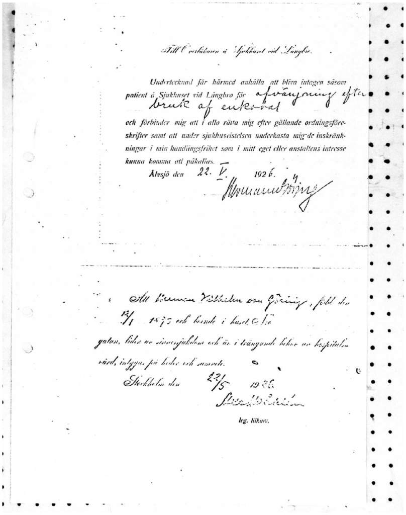 Dokument från sjukhuset vid Långbro från 22 maj 1926 där Hermann Göring anhåller om att bli intagen som patient och förbinder sig att rätta sig efter sjukhusets ordningsföreskrifter.