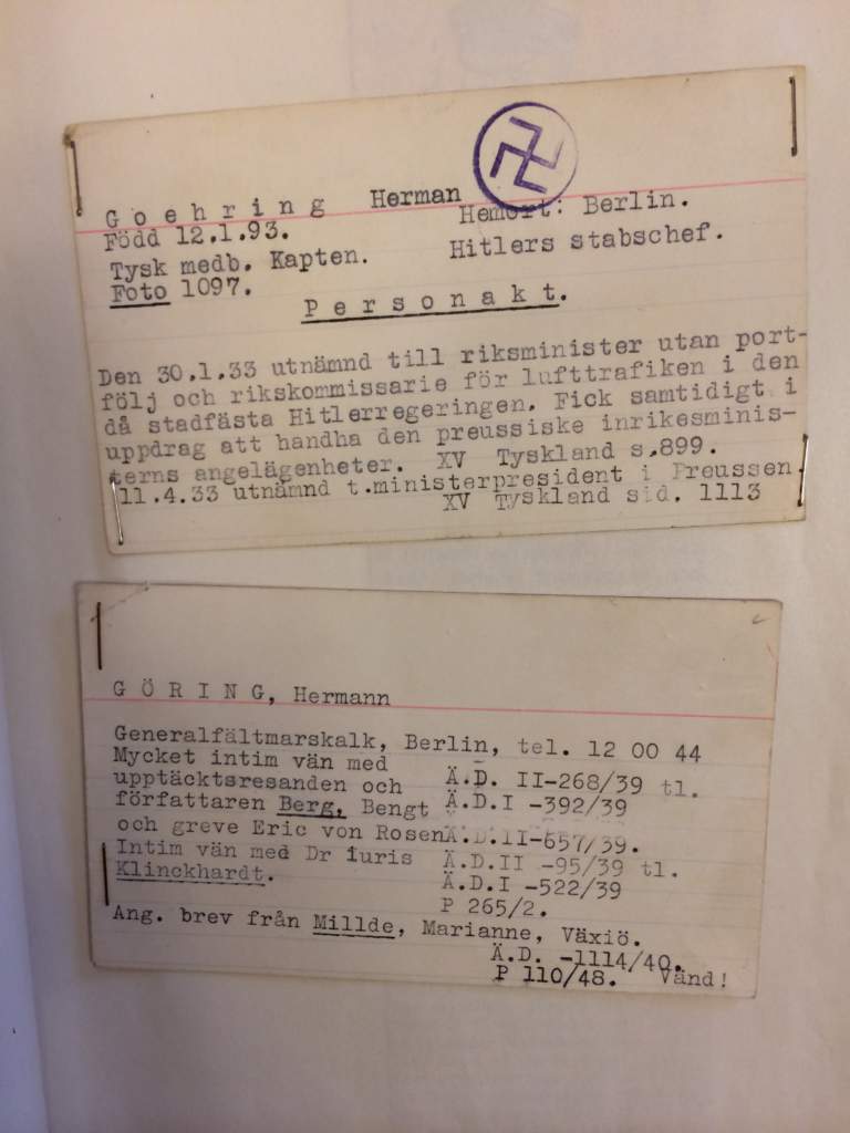 Utdrag ut Hermann Görings akt i Säpos tidigare hemligstämplade arkiv.