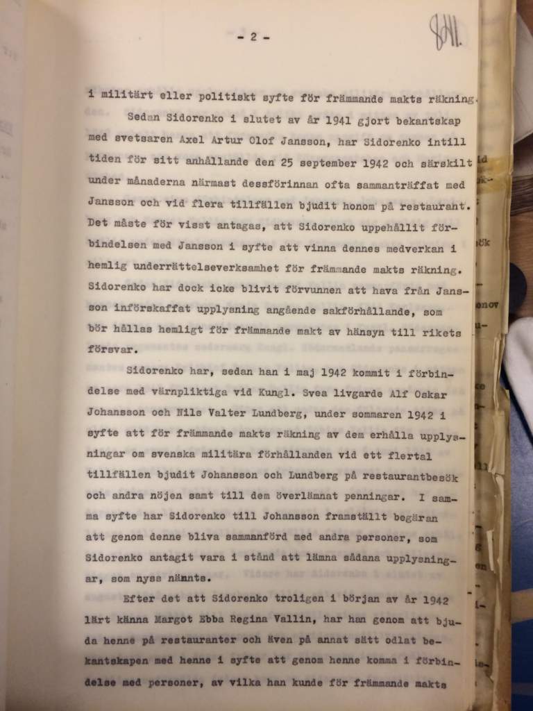 Dokument där det står att Vasilij Sidorenko genom att odla bekantskapen med Margot Vallin kommit i förbindelse med personer som kunde ge honom upplysningar om svenska militära förhållanden.