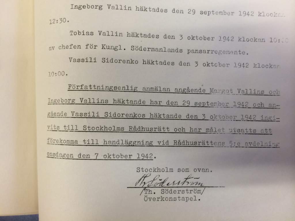 Dokument där det står att familjen Vallin blivit häktade.