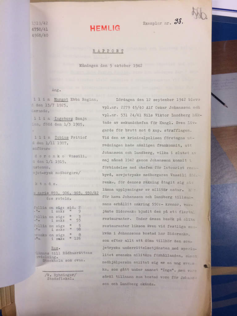 Polisrapport från 5 oktober 1942 där det står om Vasilij Sidorenko och familjen Vallin.