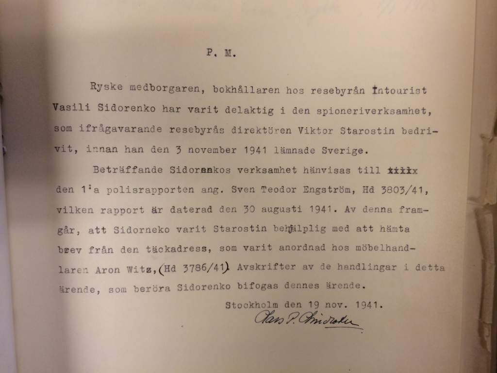 Dokument från 19 november 1941 där det står att Vasilij Sidorenko varit delaktig i spionverksamhet.