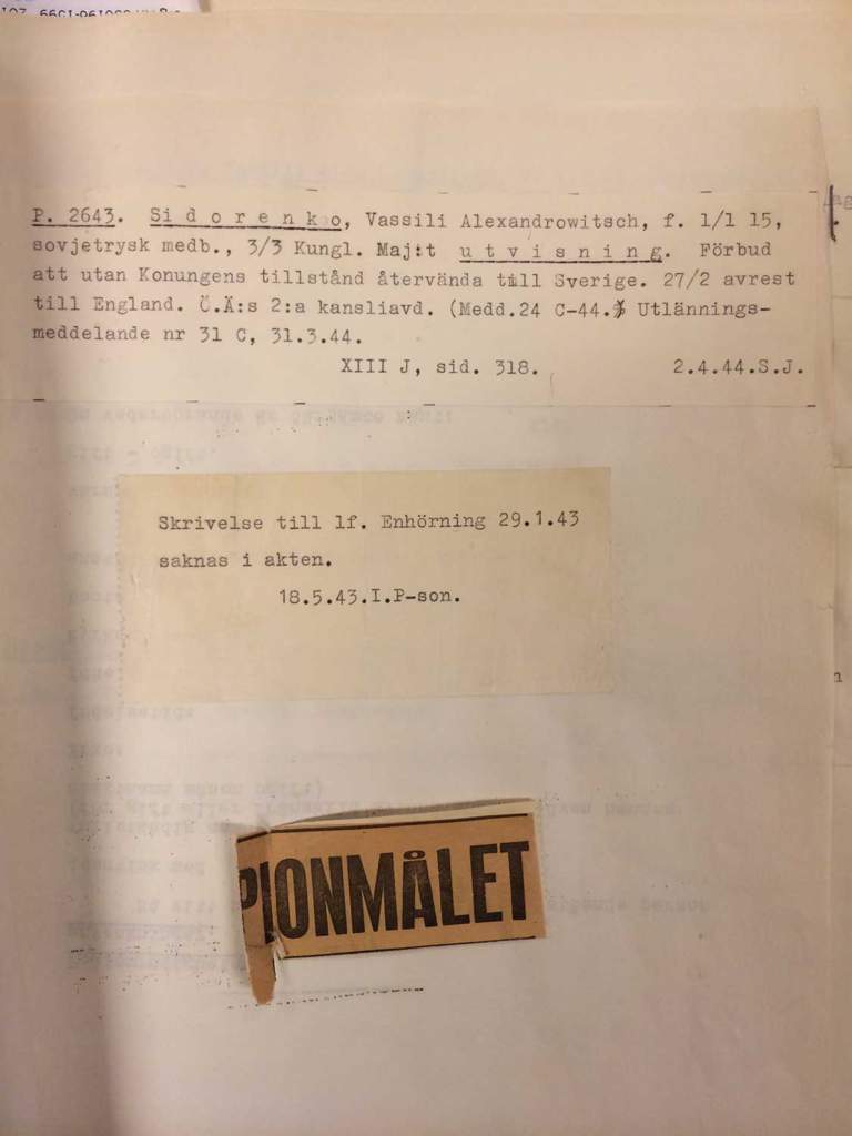 Dokument från 2 februari 1944 där det står att Vasilij Sidorenko utvisats från Sverige och rest till England.
